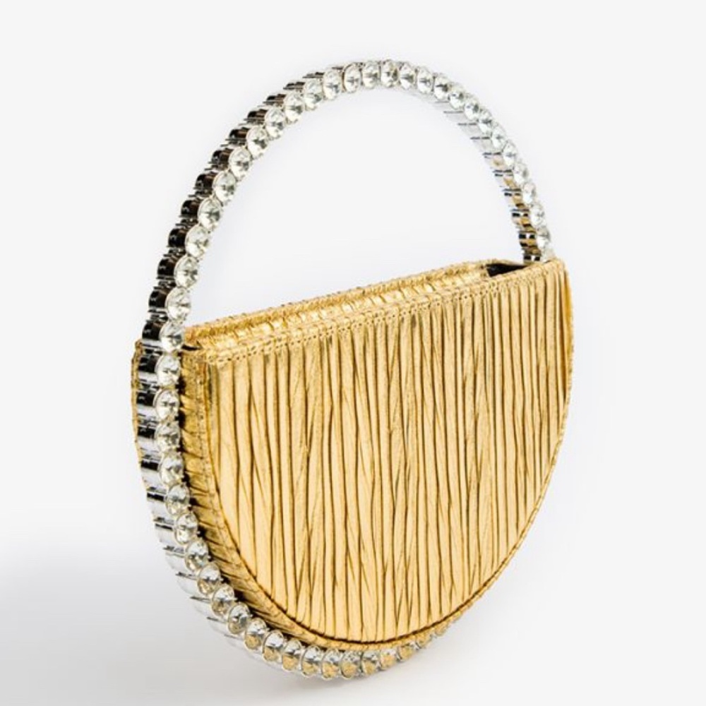 NWT: Gold Circular Clutch with Rhinestone Handle